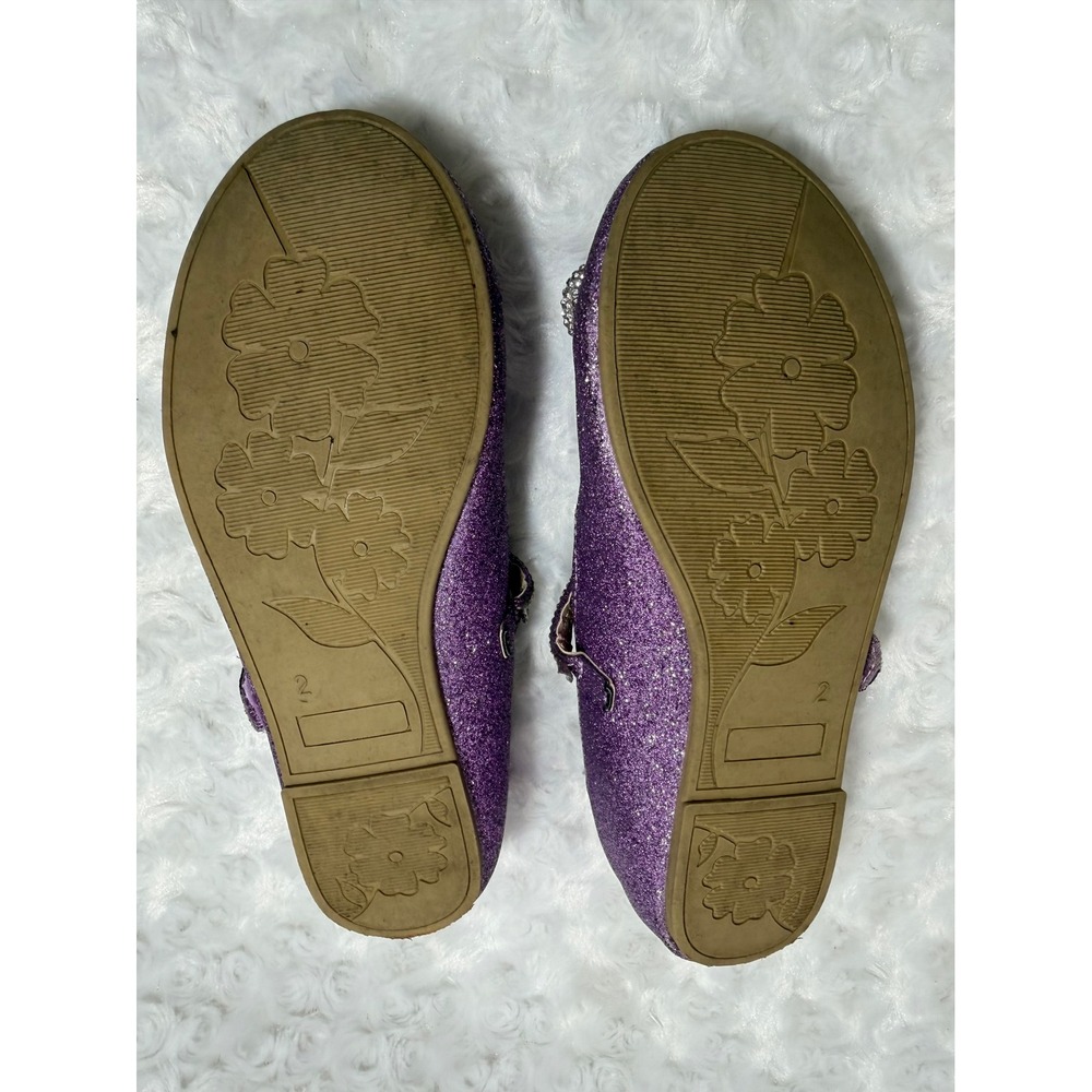 Girls Purple Glitter Rhinestone Bow Mary Jane Dress Flat Shoes‎ Size 2 - Picture 5 of 6